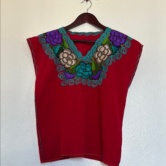 Vibrant Red Embroidered sleeveless Blouse - Picture 1 of 5